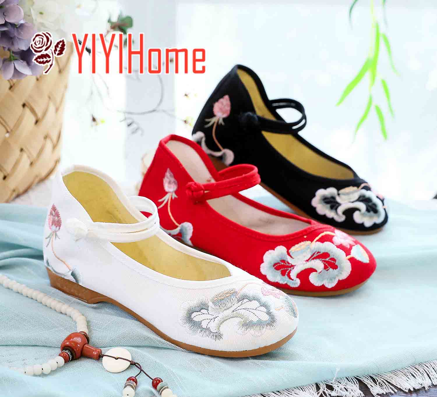 3色 チャイナ靴 パンプス チャイナシューズ 痛くない カジュアル レディースコンフォートシューズ 婦人靴 花刺しゅう中華靴 ぺたんこ 可愛い ストラップ 春 ...