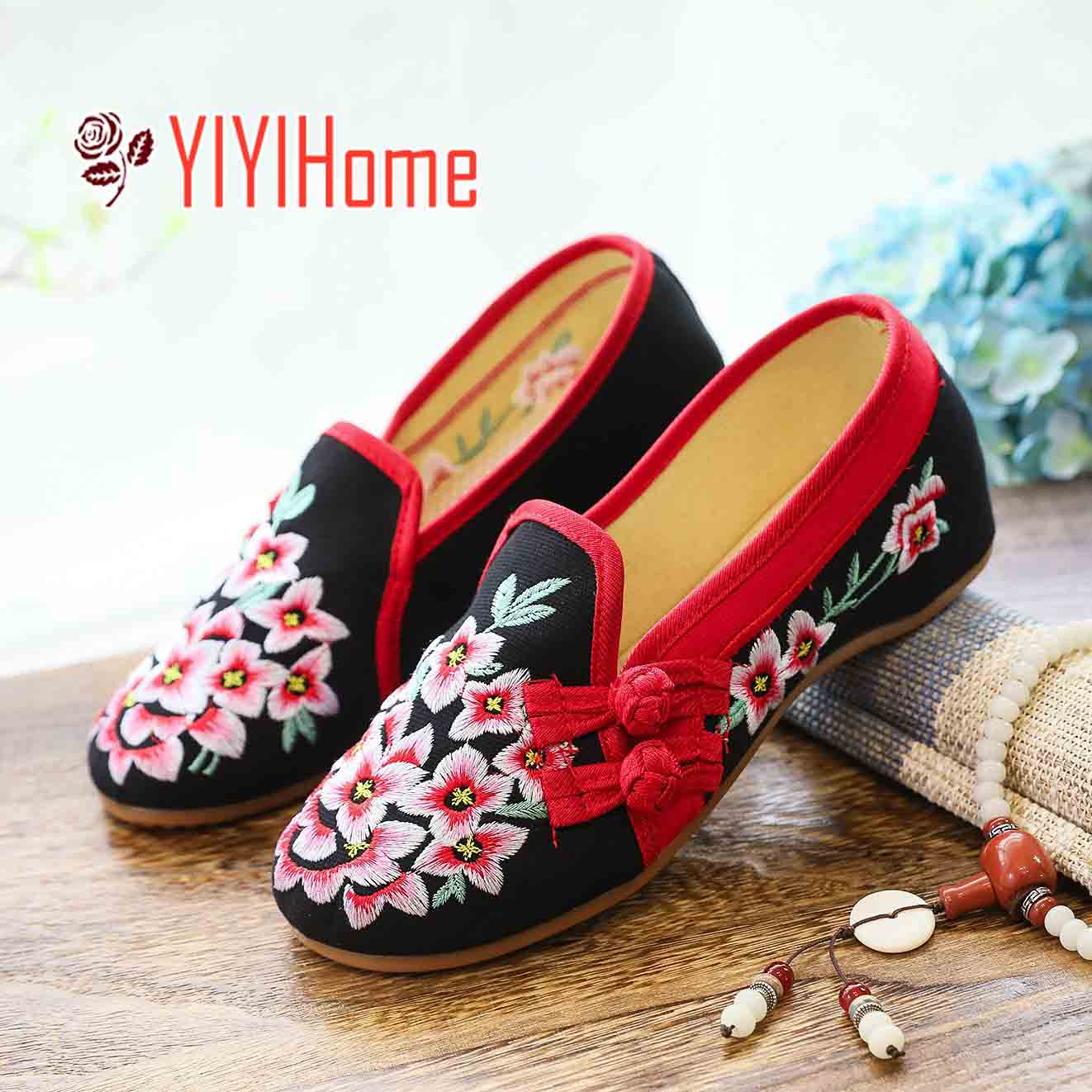 チャイナ靴 パンプス チャイナシューズ 痛くない カジュアル レディースコンフォートシューズ 婦人靴 花刺しゅう中華靴 ぺたんこ 可愛い ストラップ 春 秋 ブ...