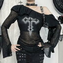 秋新作 セクシー オフショルダー フリル レザーボタン ストラップ付き ドローストリング ミディ丈トップス レディース ブラック 黒