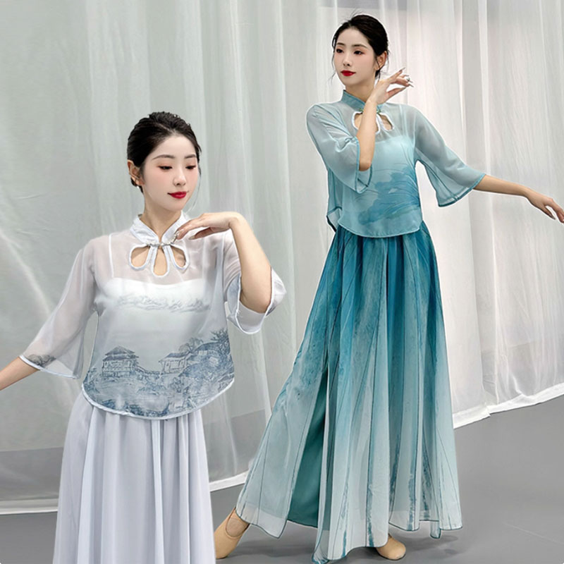 中華風ダンス衣装 グラデーション中国古典舞踊ダンス衣装 5分袖 チャイナ風民族ダンスウェア 古典バレ..