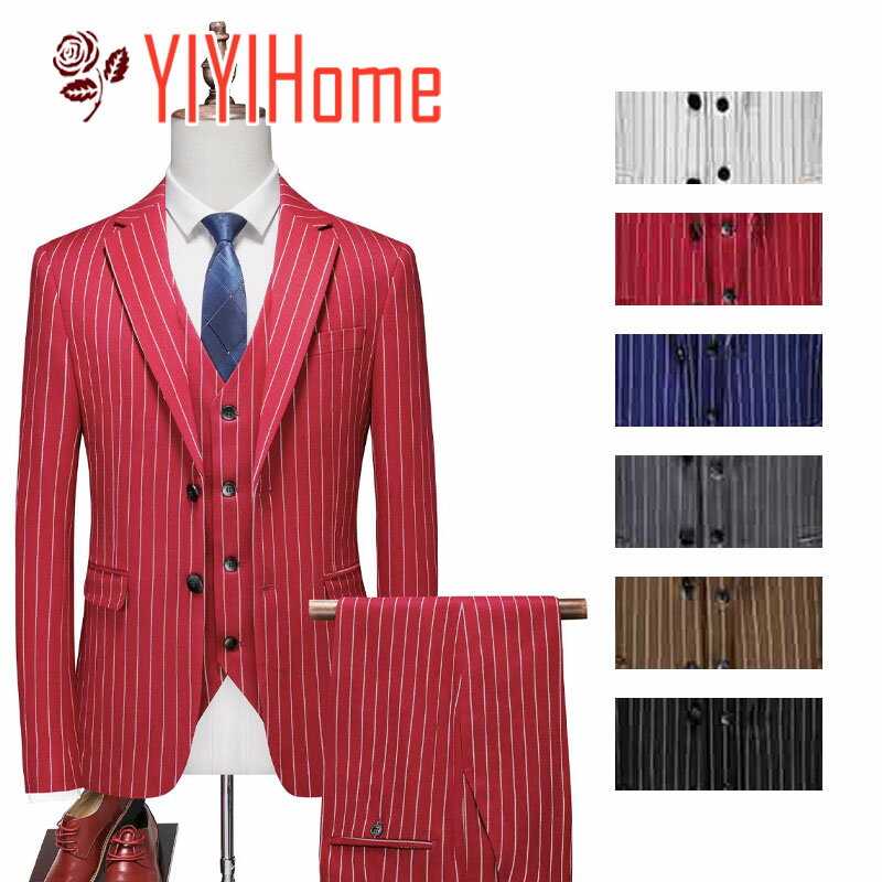 6色 スーツ カラースーツ メンズ フォマール スーツ 3点 ステージ衣装 結婚式 二次会 忘年会 新年会 パーティー スーツ 発表会 演奏会 司会 カラオケ ダンス スーツ セットアップ 長袖 長ズボン ストライプ ブラック ホワイトワインレッド ブラウン ネイビー