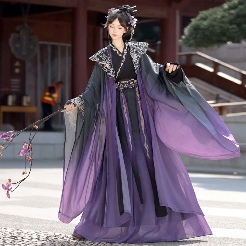 新作 敦煌風 刺繍入り漢服 男女兼用 交領・斉腰デザイン 中国宮廷風 古典衣装 ブルー×パープル 映画・ドラマ風 コスプレ衣装 舞台衣装 撮影用 学園祭 イベント 仮装 春 秋 豪華 中国伝統コスチューム