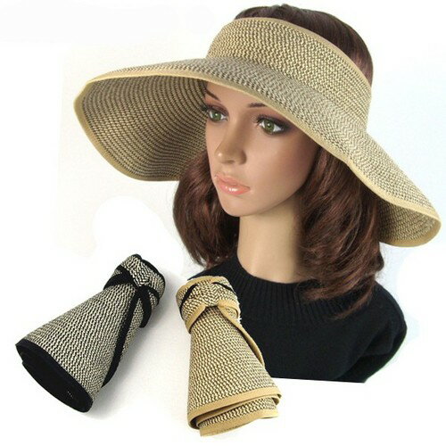日焼け、UV対策！1100円 紫外線対策★リボン付き帽子、まだら織り、折りたためるサンバイザー、持ち歩くのに便利　2色！