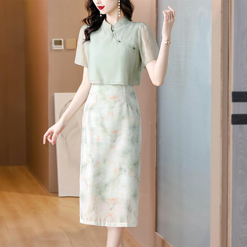 Rakuten - レディース ファッション 韓国 女性 春夏 秋 かわいい おしゃれ ドレス チャイナドレス 豪華 ワンピース ロングスカート タイト 半袖 花 花柄 フラワー 上品 大人 シンプル 大きいサイズ