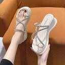 韓国 靴 シューズ 春夏 秋冬 レディース かわいい おしゃれ パールラインストーン サンダル スリッパ 女性用 夏 アウターウェア ビーチ サンダル セット トゥ フレンチ ローマン ビーチ 厚 ウェッジサンダル