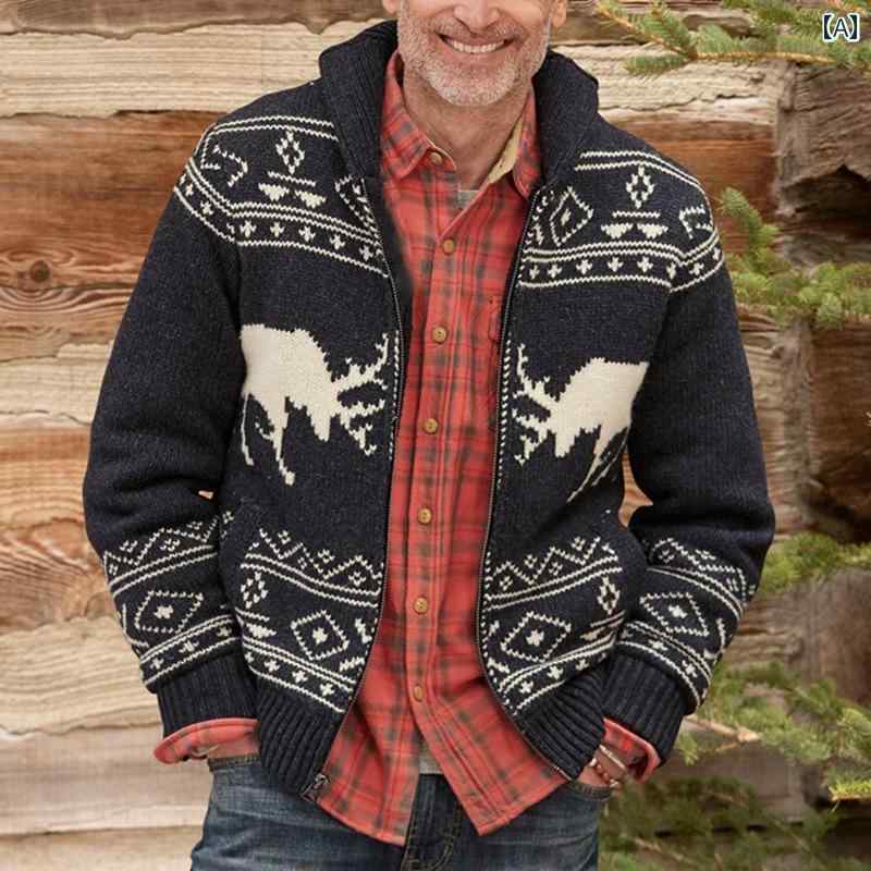 Knit Sweater - メンズ ファッション 春　夏　秋　冬　 かっこいい オシャレ モテ 男性用 紳士服 服 韓国 シンプル　大人 アメリカ メンズ 秋 鹿 ジャカードセーター 大きいサイズ ジッパー 長袖 ニット ジャケット 男性 ニットウェア