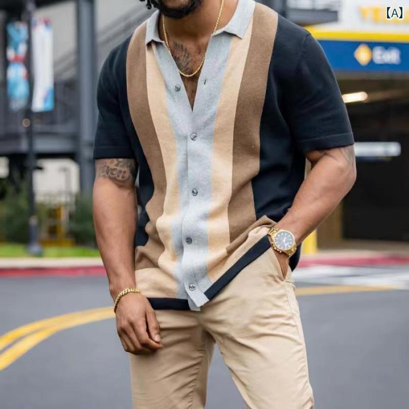 メンズ ファッション 春　夏　秋　冬　 かっこいい オシャレ モテ 男性用 紳士服 服 韓国 シンプル　大人 アメリカ メンズ 夏 スタイル ストライプ ニットカーディガン カジュアル 半袖 ポロシャツ 男性 T シャツ