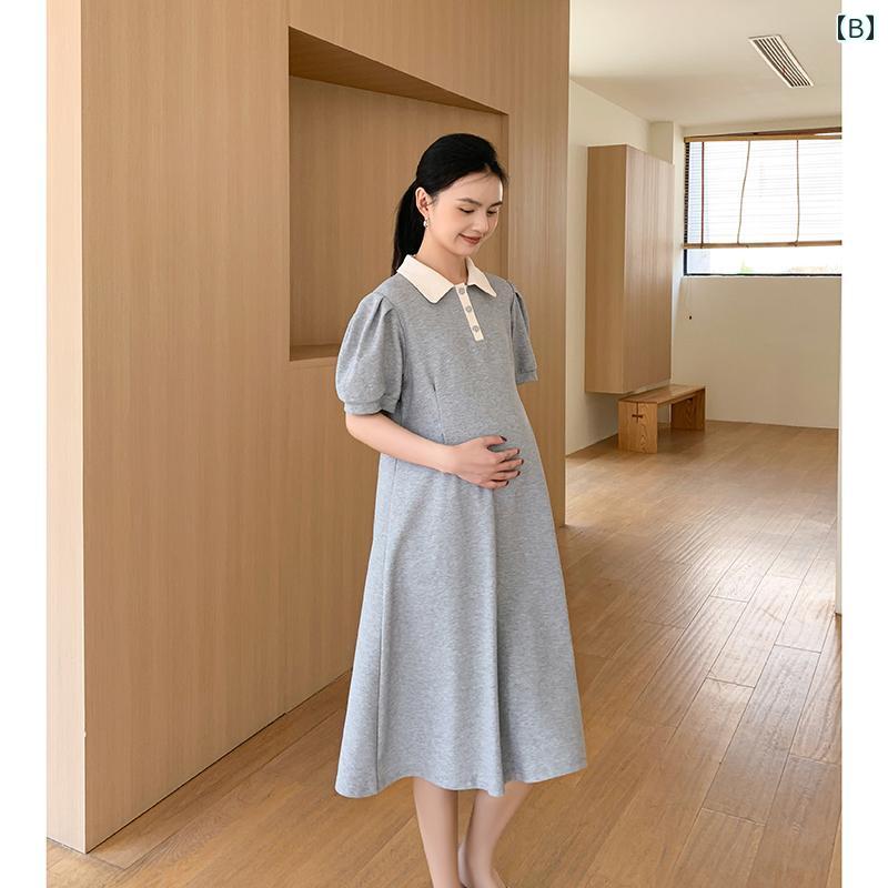 レディース ファッション 春夏 かわいい おしゃれ マタニティ 妊娠中 ベビー 赤ちゃん ドレス ポロ 襟 スカート ワンピース シンプル 半袖 ロング