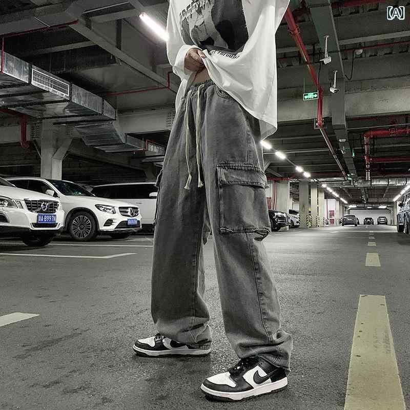 乐天商城 - メンズ ファッション 春　夏　秋　冬　 かっこいい オシャレ モテ 男性用 紳士服 服 韓国 シンプル　大人 男性用 ワークウェア ジーンズ ゆったり フロア レングス パンツ 春秋 シック 多目的 ワイド レッグ ストレート パンツ