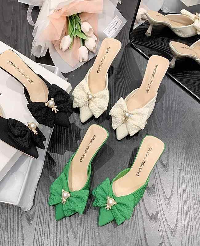 韓国 靴 シューズ 春夏 秋冬 レディース かわいい おしゃれ フェアリー スタイル ポインテッドトゥ ハーフ スリッパ 女性新 夏 ファッション アウターウェア フレンチ パールラインストーン サンダル ハイヒール