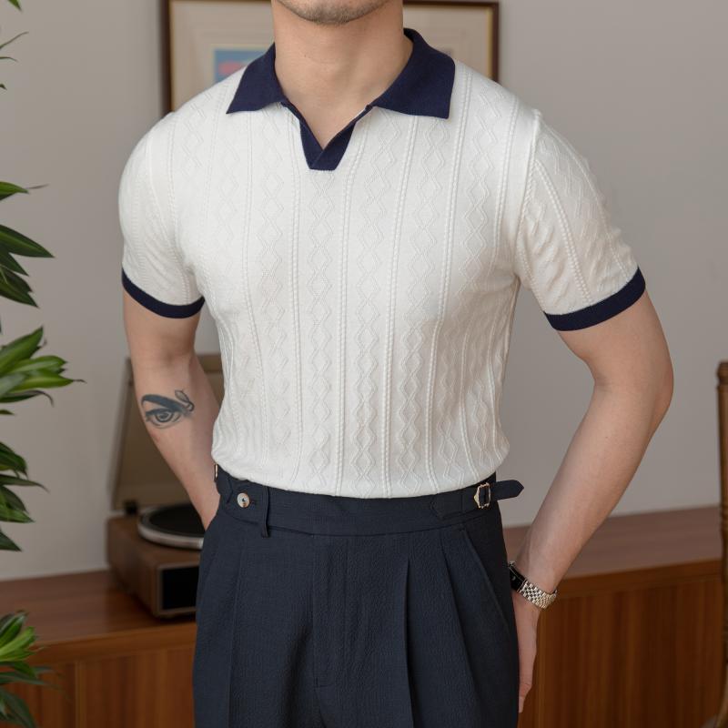 メンズ ファッション 春夏 秋冬 かっこいい オシャレ モテ 男性用 紳士服 服 韓国 サマー ニット ジャカード カラー ブロック トップ 英国 レトロ スリム 男性用 ポロシャツ