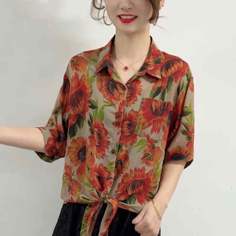 レディース ファッション おしゃれ 春夏 秋冬 大人 上品 高級 マダム ミス ミセス プレゼント 夏 レトロ 花柄 シャツ レースアップ シャツ ゆったり 大きめ サイズ 薄手 通気性 日焼け防止 シャツ