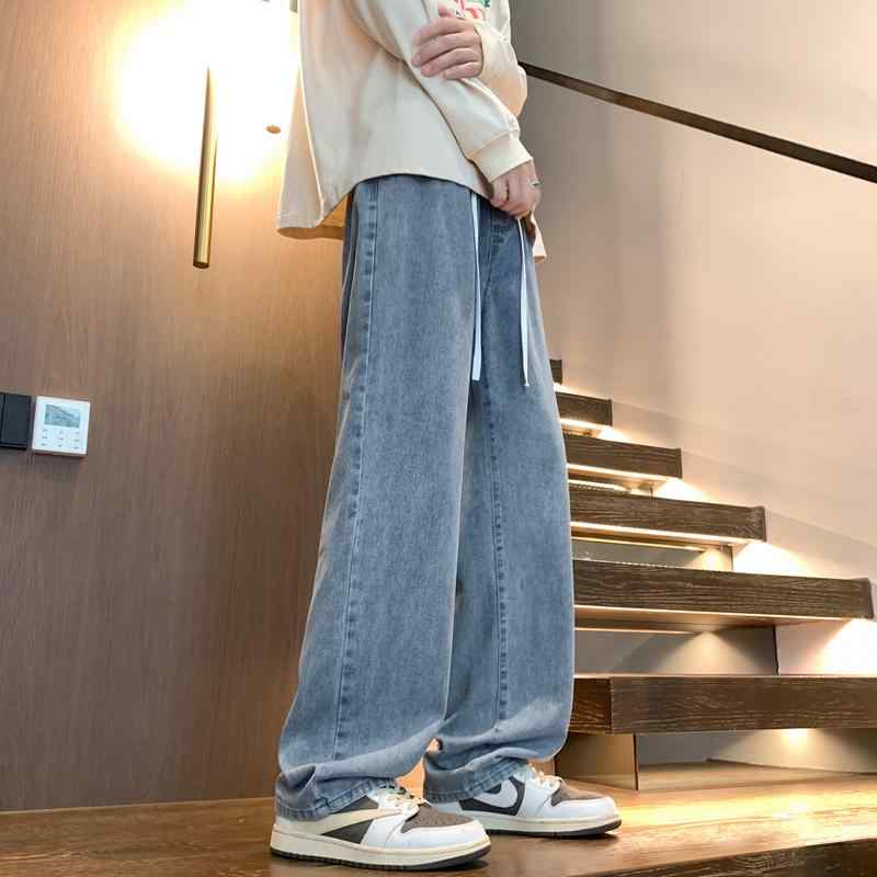 樂天商城 - メンズ ファッション 春 夏 秋 冬 かっこいい オシャレ モテ 男性用 紳士服 服 韓国 アメリカン レトロ ウォッシュ 弾性 ウエスト ジーンズ メンズ ファッション ストレート ワイド レッグ カジュアル パンツ