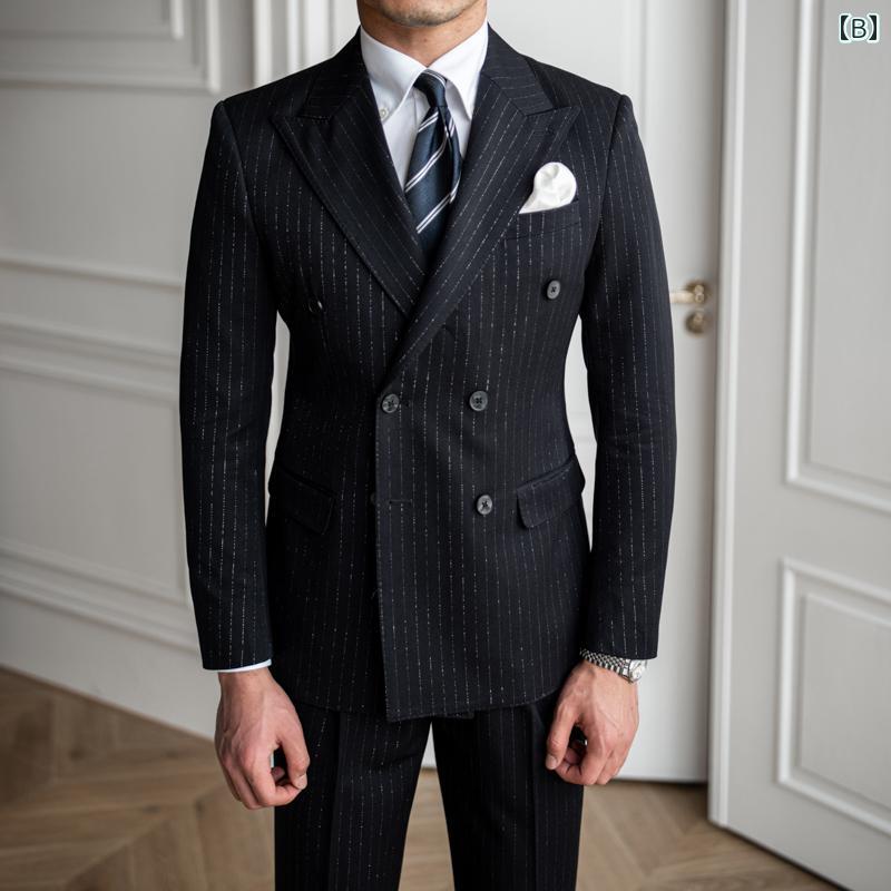メンズ ファッション 春夏 秋冬 かっこいい オシャレ モテ 男性用 紳士服 服 韓国 パーティー ゴールドストライプ ダブルブレスト スーツ 英国 ビジネス カジュアル レトロ スーツ 男性