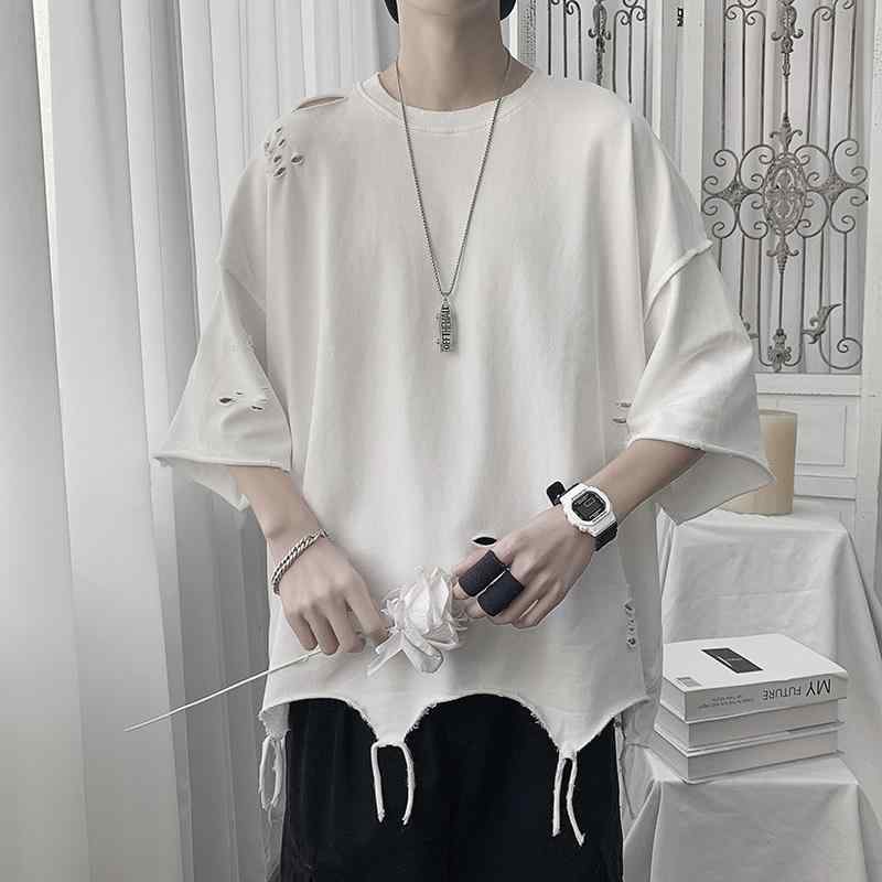 メンズ ファッション 春夏 秋冬 かっこいい オシャレ モテ 男性用 紳士服 服 韓国 不規則 穴 半袖 T シャツ メン 夏 ゆったり 五分袖 T シャツ