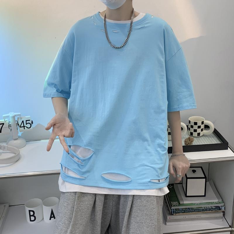 乐天商城 - メンズ ファッション 春夏 秋冬 かっこいい オシャレ モテ 男性用 紳士服 服 韓国 夏 リップド 半袖 T シャツ 男子用 カジュアル 五分袖