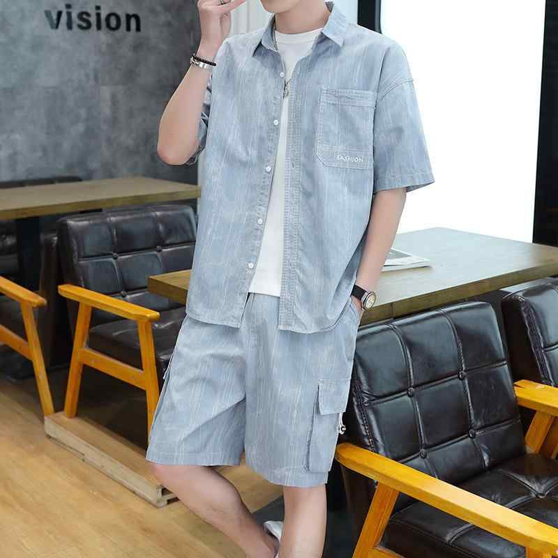 乐天商城 - メンズ ファッション 春 夏 秋 冬 かっこいい オシャレ モテ 男性用 紳士服 服 韓国 シンプル 大人 夏 男性用 デニム 半袖 シャツ スーツ 薄手 ウォッシュ コットン ミッド スリーブ シャツ 服 一式 マッチング