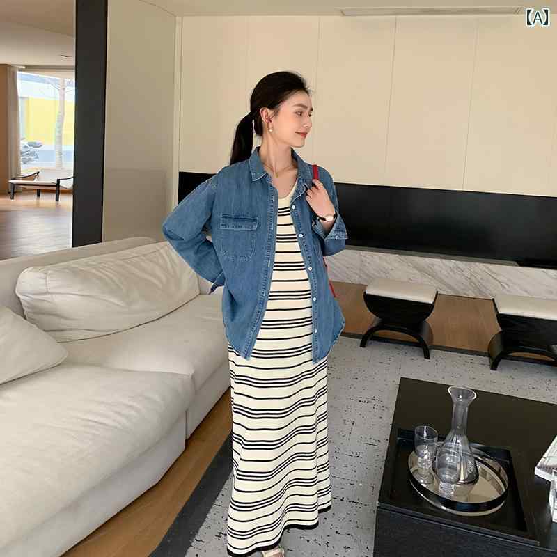YKC8のレディース ファッション 春夏 秋 かわいい おしゃれ マタニティ 妊娠中 ベビー 赤ちゃん デニム ジャケット ドレス ロング スカート ワンピース ゆったり シンプル ボーダー 長袖｜アングル2