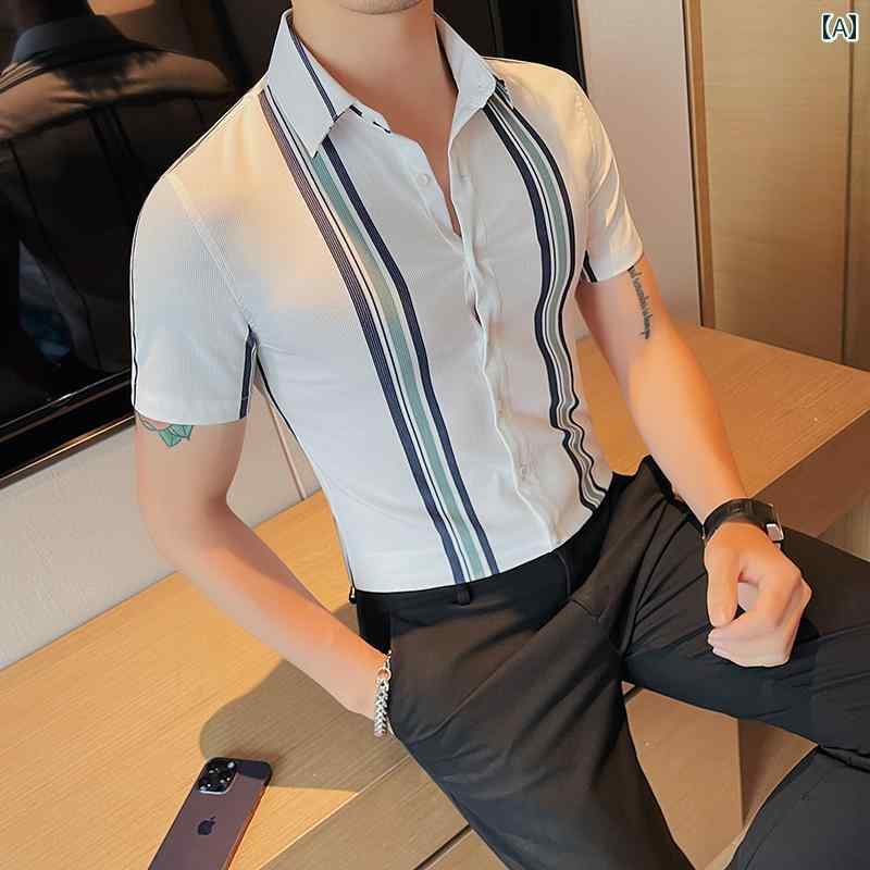 メンズ ファッション 春　夏　秋　冬　 かっこいい オシャレ モテ 男性用 紳士服 服 韓国 シンプル　大人 シャツ メンズ 半袖 夏 ハイエンド ビジネス カジュアル メンズ ハイエンド 英国 ヤッピー スタイル ストライプシャツ