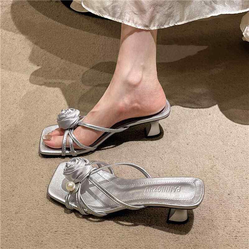 Shoes - 韓国 靴 シューズ 春夏 秋 冬 レディース かわいい おしゃれ 女性 スリッパ ファッション ヒール サンダル 薔薇 パール シンプル 上品