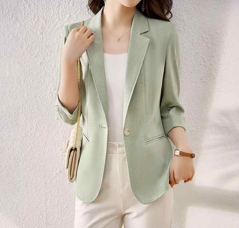 ブレザー 女性 夏 薄手 春 七分袖 トップ グリーン リネン スーツ 夏