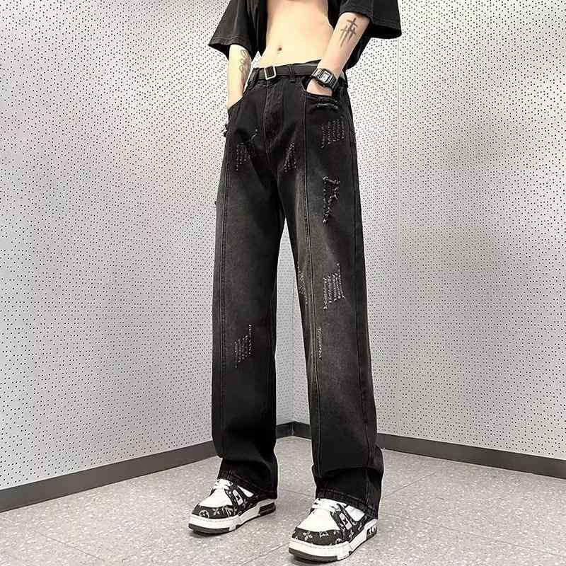 Rakuten - メンズ ファッション 春 夏 秋 冬 かっこいい オシャレ モテ 男性用 紳士服 服 韓国 シンプル 大人 ブラック ダメージ ジーンズ メンズ 秋 ー ストレート パンツ ストリート リップド ワイド レッグ パンツ