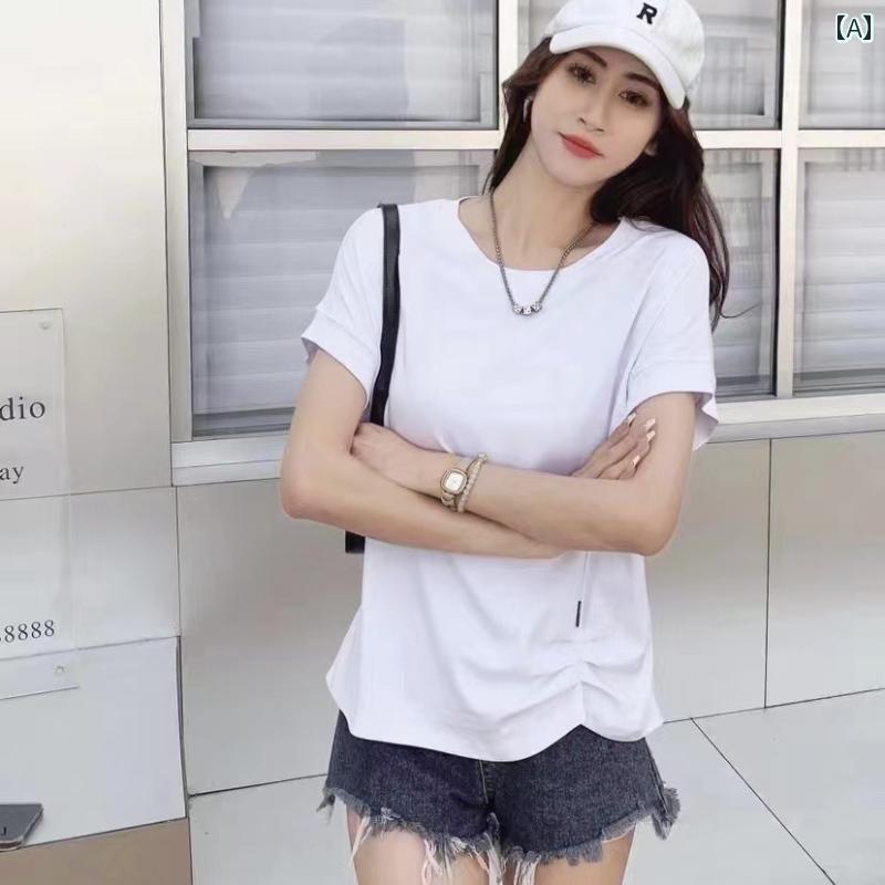 Other - 韓国 女性 春夏 秋冬 レディース かわいい おしゃれ 夏 ファッション ラウンドネック カジュアル 半袖 T シャツ 女性用 サイド プリーツ トップ