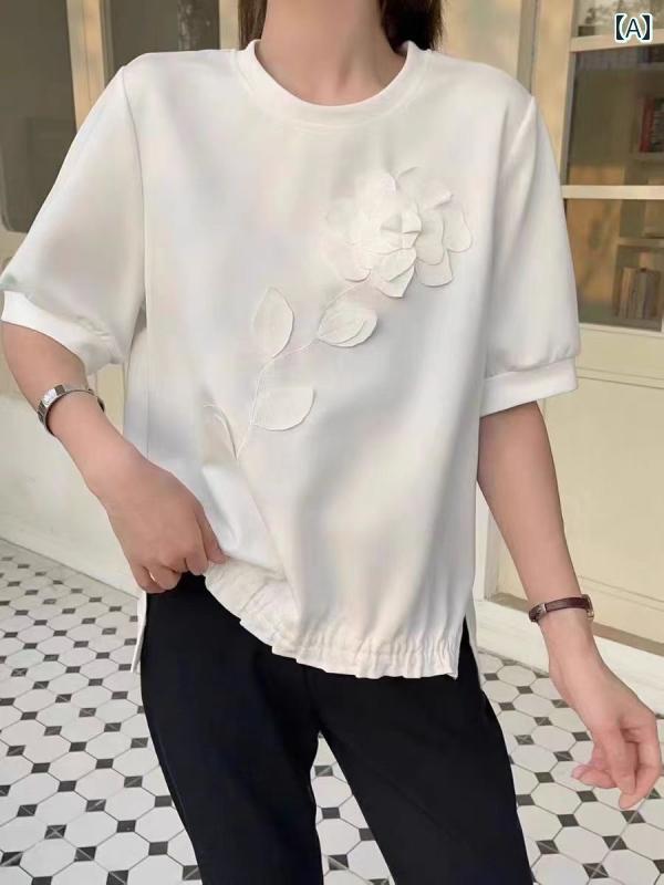 Rakuten - 韓国 女性 春夏 秋冬 レディース かわいい おしゃれ 婦人服 立体 花ラウンドネック 半袖 大きいサイズ T シャツ