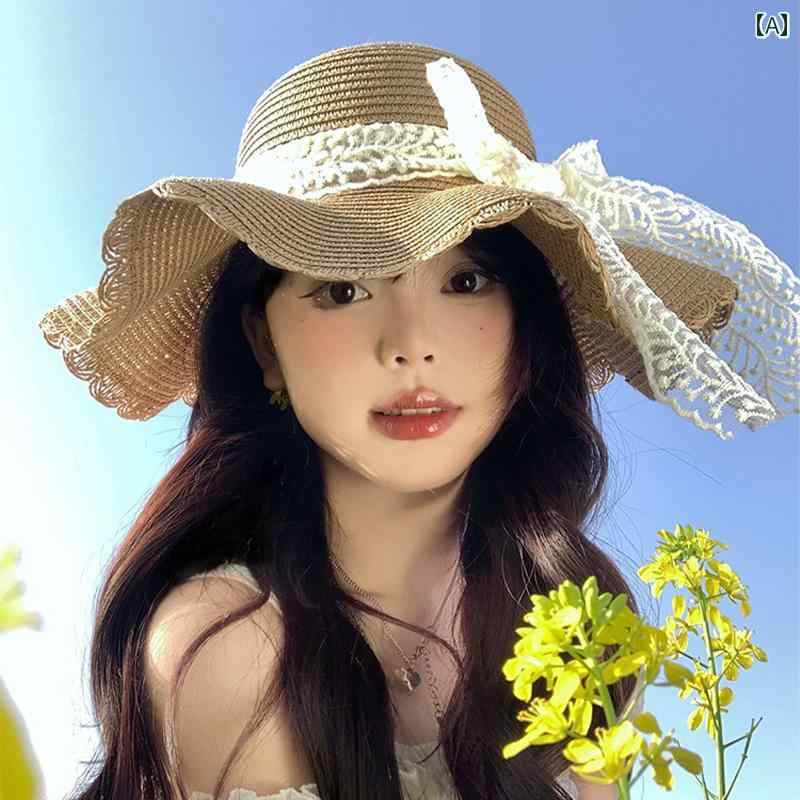 韓国 女性 春夏 秋冬 レディース かわいい おしゃれ ウェーブ エッジ レース リボン 麦わら 帽子 女性用 夏大きい つば 帽子 休暇 ビーチ 海辺 帽子