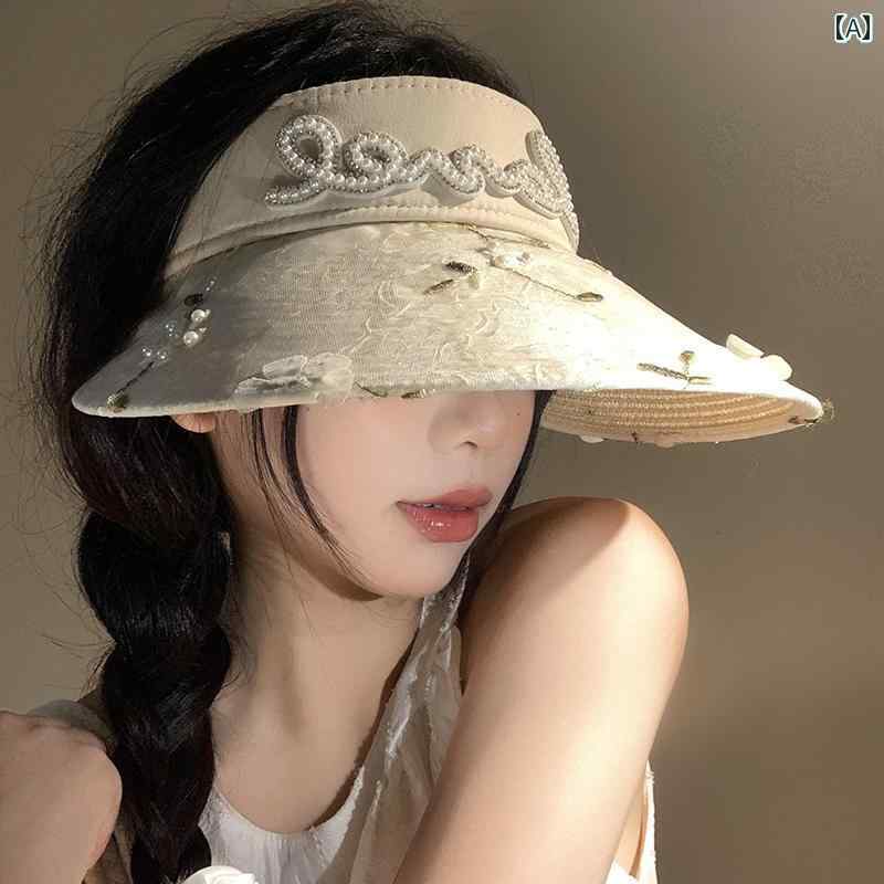 乐天商城 - 韓国 女性 春夏 秋冬 レディース かわいい おしゃれ レースフラワー パール 編組 トップ 麦わら 帽子 女性用 夏大きい つば 日焼け防止 帽子な 日よけ 帽子