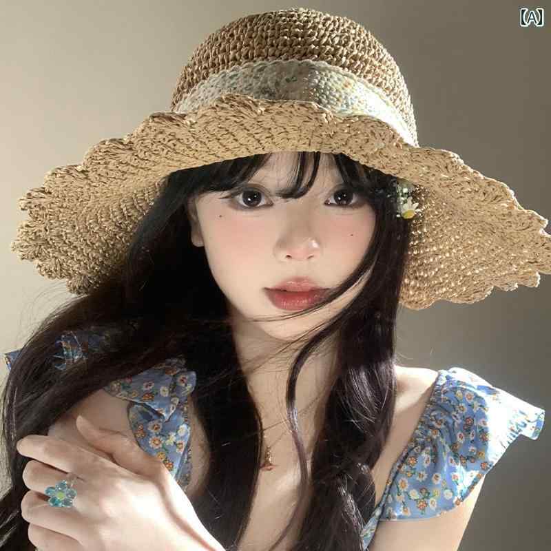 Rakuten - 韓国 女性 春夏 秋冬 レディース かわいい おしゃれ 編組 麦わら 帽子 女性用 夏大きい つば 日焼け防止 帽子 海辺 ビーチ休暇 帽子