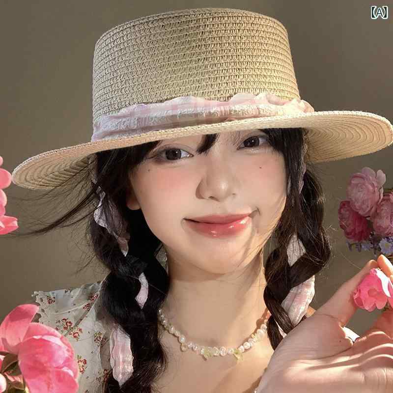 乐天商城 - 韓国 女性 春夏 秋冬 レディース かわいい おしゃれ チェック柄 レース 編組 麦わら 帽子 女性用 夏 フレンチ フラット トップ大きい つば 日焼け防止 帽子 海辺 帽子