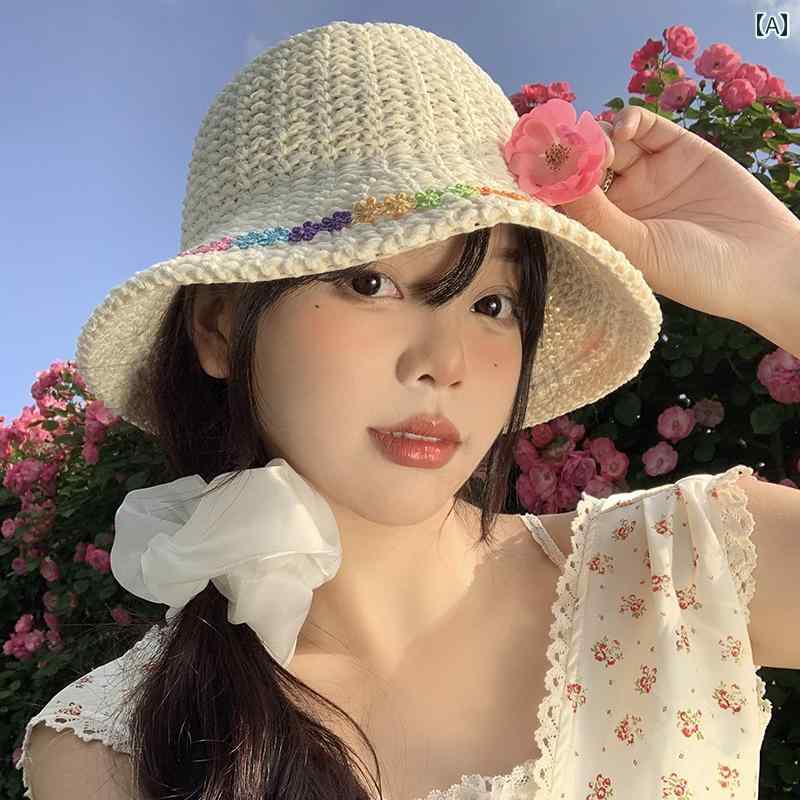 樂天商城 - 韓国 女性 春夏 秋冬 レディース かわいい おしゃれ カラフル 花 織り 麦わら 帽子 女性用 夏 サンシェード 日焼け防止 帽子 示す 帽子