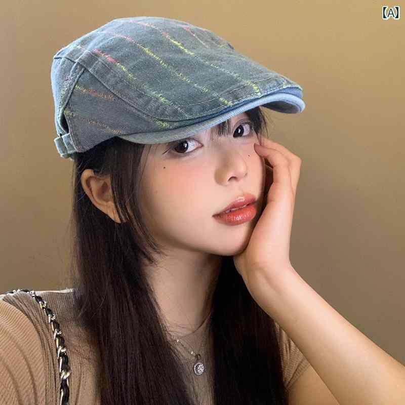韓国 女性 春夏 秋冬 レディース かわいい おしゃれ カウボーイ ベレー 帽 レディース 春夏 和風 レトロ 大きい 縞模様 逆 着用 前き 帽子 顔 絵描き 帽子