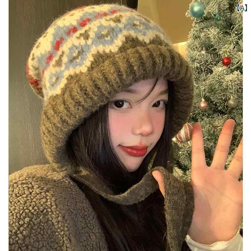 韓国 女性 春夏 秋冬 レディース かわいい おしゃれ フェアアイル スタイル ニット 帽子 女性 冬 レトロ 目出し帽 バッグ 帽子 耳保護 ウール 帽子