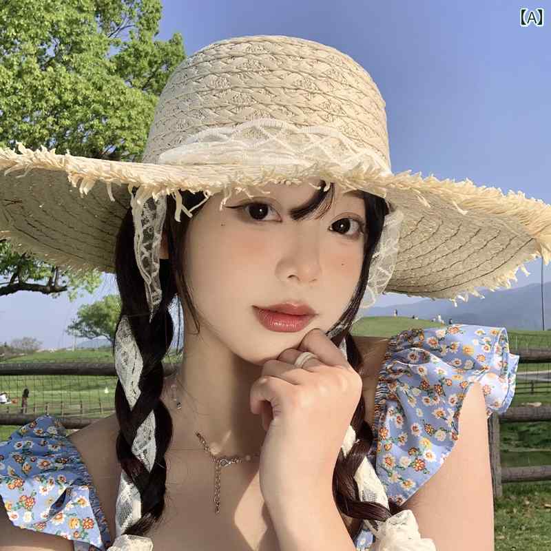 樂天商城 - 韓国 女性 春夏 秋冬 レディース かわいい おしゃれ レース リボン 編組 麦わら 帽子 女性用 夏大きい つば 日焼け防止 帽子 海辺 休暇 帽子