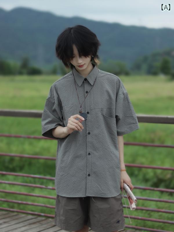 樂天商城 - メンズ ファッション 春夏 秋冬 かっこいい オシャレ モテ 男性用 紳士服 服 韓国 シンプル 大人 和風 レトロ チェック柄 バブル 半袖 シャツ 快適 五分袖 カジュアル シャツ カップル