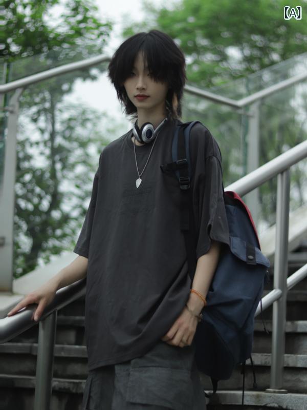 樂天商城 - メンズ ファッション 春夏 秋冬 かっこいい オシャレ モテ 男性用 紳士服 服 韓国 シンプル 大人 レトロ レター プリント ラウンドネック ヘビー ソリッドカラー 半袖 T シャツ ゆったりメンズ