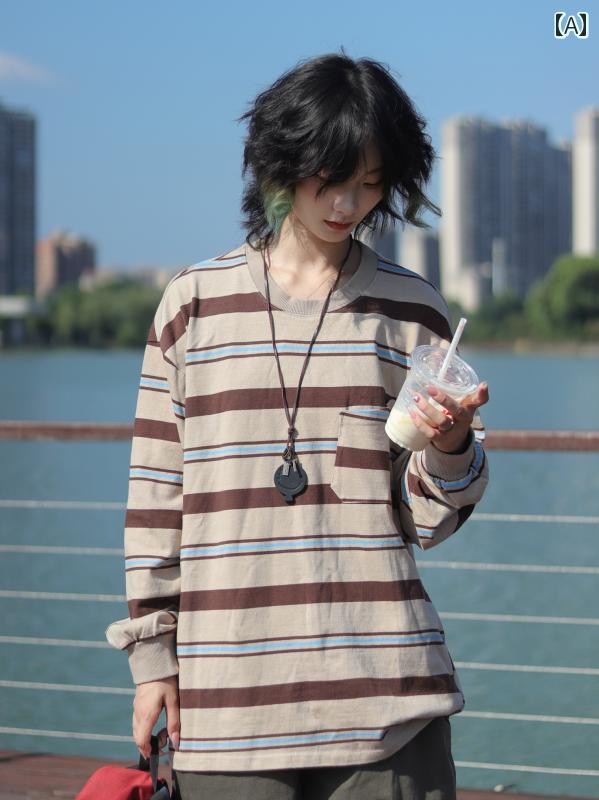 メンズ ファッション 春夏 秋冬 かっこいい オシャレ モテ 男性用 紳士服 服 韓国 シンプル 大人 和風 レトロ ラウンドネック カラー ブロック ストライプ スウェットシャツ ゆったり 綿 長袖 T シャツ メンズ