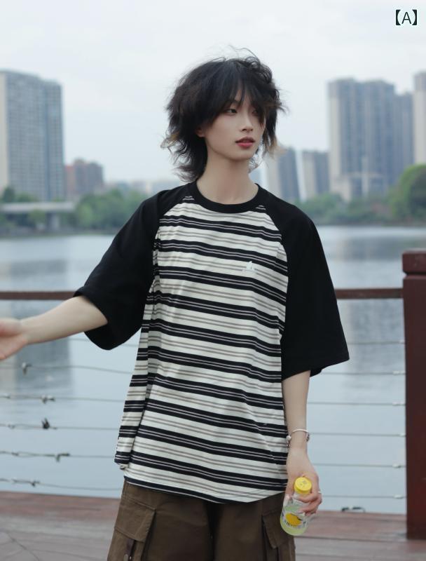 メンズ ファッション 春夏 秋冬 かっこいい オシャレ モテ 男性用 紳士服 服 韓国 シンプル 大人 レトロ コントラスト ストライプ 半袖 ラウンドネック T シャツ ゆったり ニュートラル スタイル カップル(4.0)