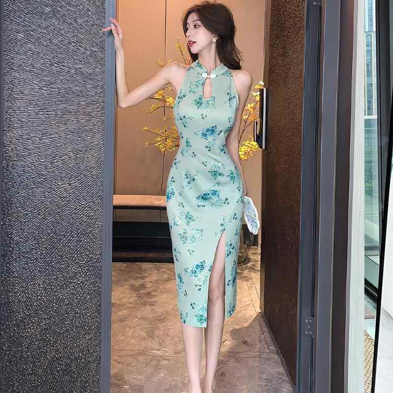 レディース ファッション パーティー コス かわいい キレイチャイナ ドレス 女性 スタイル ヤング スタイル ハイエンド レトロ プリント ウエスト 魅惑的 ノースリーブドレス