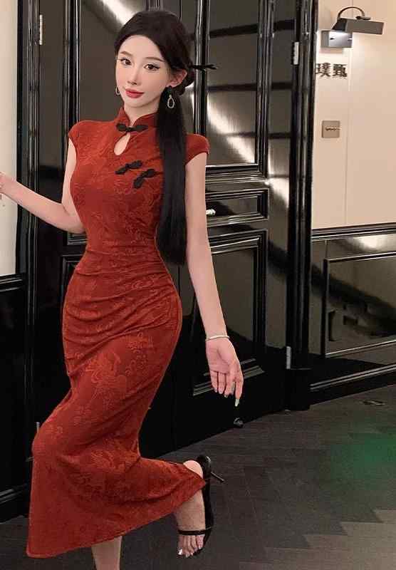 レディース ファッション パーティー コス かわいい キレイレトロ 中国 チャイナ ドレス ハイエンド ウエスト スリム 半袖 ヒップ カバー ドレス