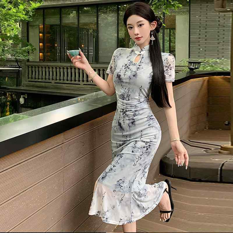 レディース ファッション パーティー コス かわいい キレイ中華風 インク プリント チャイナ ドレス 若々しい 女の子 日常 レトロ スリム ドレス 夏
