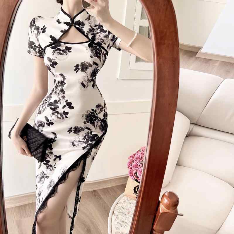 レディース ファッション パーティー コス かわいい キレイフレンチ ハイエンド ロイヤル シスター チャイナ ドレス レトロ 花柄 サイドスリット スリム ヒップ ラップ ドレス