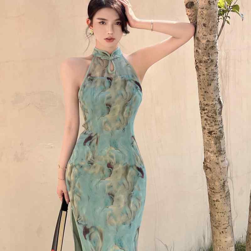 China Dress - レディース ファッション パーティー コス かわいい キレイ中国 魅惑的 スリット チャイナ ドレス レトロ スリム シフォン ヒップ カバー ドレス 女性 春夏 スタイル