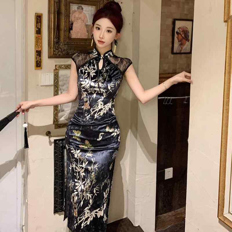 China Dress - レディース ファッション パーティー コス かわいい キレイ魅惑的 中国 スタイル レトロ 民族風 チャイナ ドレス 女性 夏 少し スタイル ロイヤル シスター ヒップ ドレス