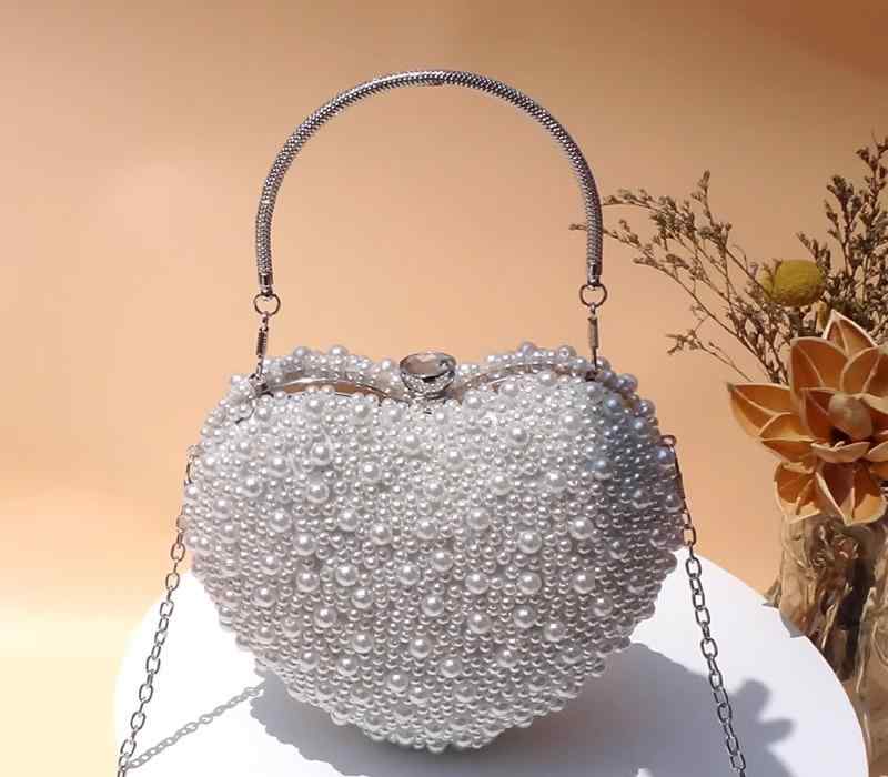 レディース ファッション 春夏 秋冬 女性 かわいい おしゃれ 韓国 鞄 バッグ 上品 大人 ハート パール クラッチ ディナー パーティー 結婚式 ハンド チェーン 高級(4.0)
