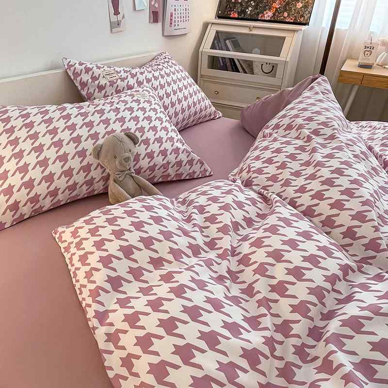 韓国 シングル セミ ダブル クイーン キング 寝具 カバー シーツ 布団 かわいい おしゃれ ベッド 寝室 インテリア ガーリー 千鳥格子 ボックス 枕 掛け布団 4点 セット シンプル