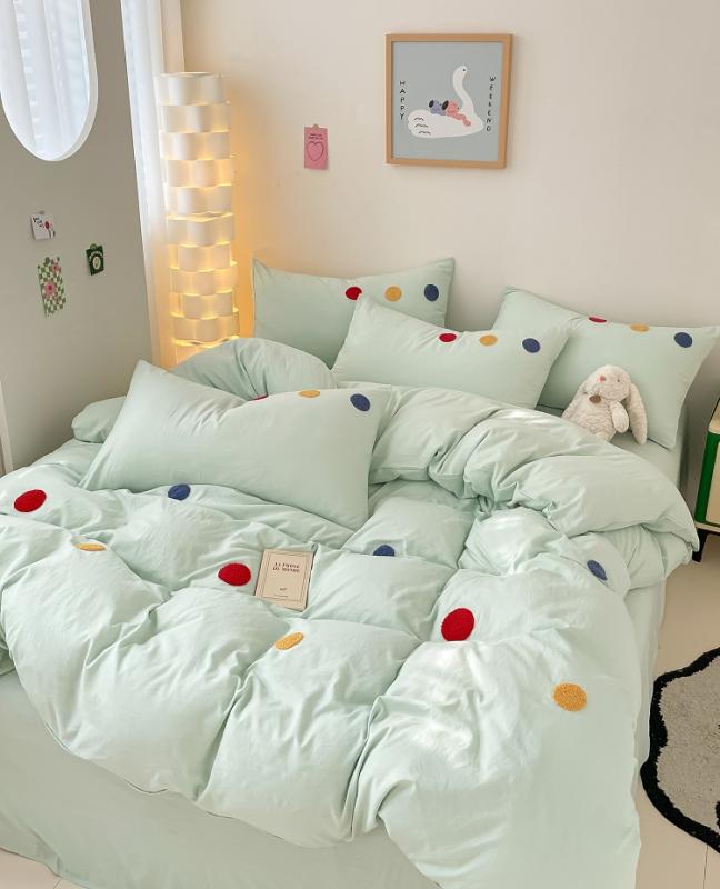 King - 韓国 シングル セミ ダブル クイーン キング 寝具 カバー シーツ 布団 かわいい おしゃれ ベッド 寝室 インテリア 水玉 ドット 立体 刺繍 4点 セット 掛け布団 枕 ボックス シンプル