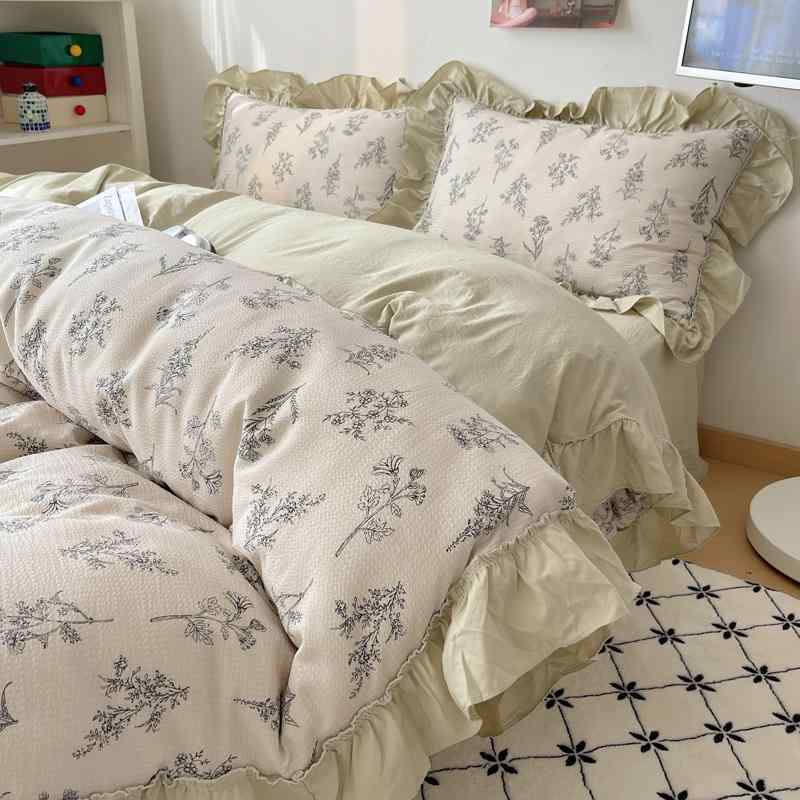 King - 韓国 シングル セミ ダブル クイーン キング 寝具 カバー シーツ 布団 かわいい おしゃれ ベッド 寝室 インテリア フレンチ 花柄 レース フリル 4点 セット シンプル ガーリー 掛け布団 枕 ボックス